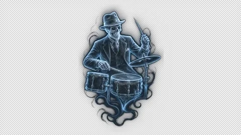 Spectral Skeleton Jazz Drummer Performing – Right-Facing Alpha Overlay Vídeo Stock 344181729