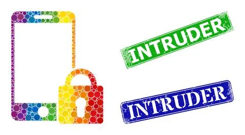 Spectral vibrant gradiented round dot collage locked smartphone, and Intruder 스톡 일러스트