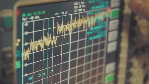 Spectrum analyzer screen with megahertz decibels, finger push buttons Video stock 245959927
