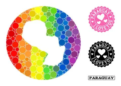 Spectrum Mosaic Hole Circle Map of Paraguay and Love Grunge Seal for LGBT イラスト素材
