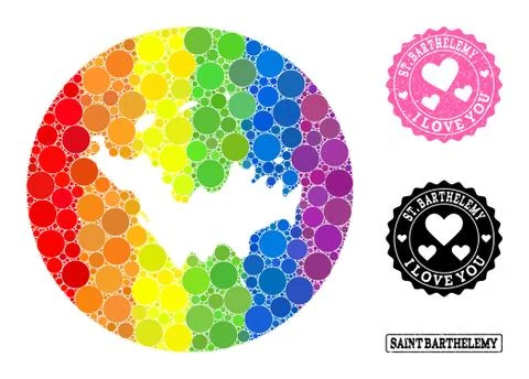 Spectrum Mosaic Hole Circle Map of Saint Barthelemy and Love Scratched Seal for Stock Illustration