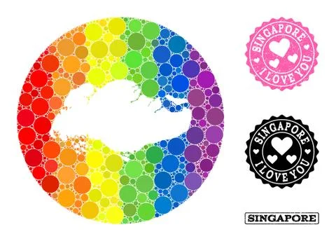 Spectrum Mosaic Hole Circle Map of Singapore and Love Watermark Stamp for LGBT Stock Illustration