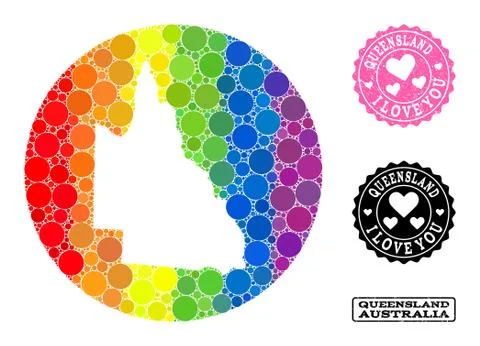 Spectrum Mosaic Hole Round Map of Australian Queensland and Love Rubber Stamp Stock Illustration
