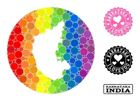 Spectrum Mosaic Hole Round Map of Karnataka State and Love Rubber Stamp for LGBT 스톡 일러스트