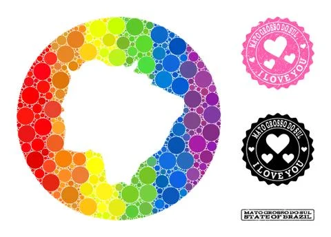 Spectrum Mosaic Hole Round Map of Mato Grosso Do Sul State and Love Rubber Seal Illustrazione stock