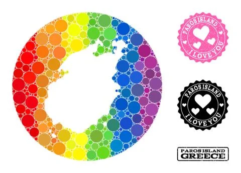 Spectrum Mosaic Hole Round Map of Paros Island and Love Watermark Seal for LGBT Illustrazione stock