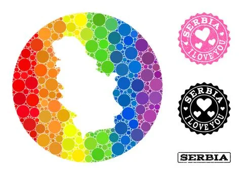 Spectrum Mosaic Hole Round Map of Serbia and Love Grunge Seal for LGBT Stock Illustration