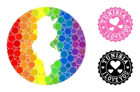 Spectrum Mosaic Hole Round Map of Tunisia and Love Rubber Seal for LGBT Stock-Illustration