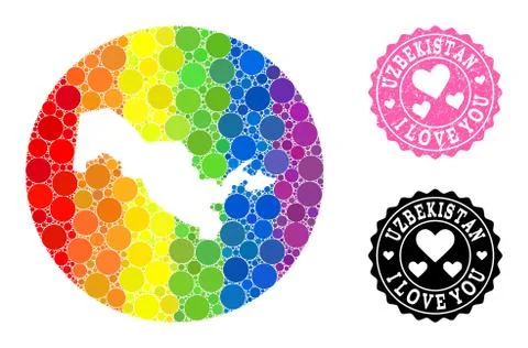 Spectrum Mosaic Stencil Circle Map of Uzbekistan and Love Grunge Seal for LGBT Stock Illustration