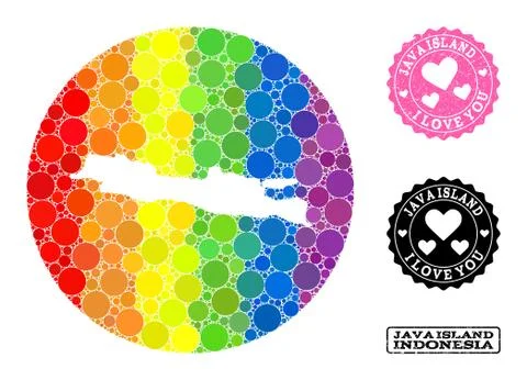 Spectrum Mosaic Stencil Round Map of Java Island and Love Rubber Seal for LGBT Ilustración de archivo