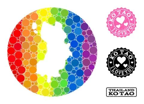 Spectrum Mosaic Stencil Round Map of Ko Tao and Love Grunge Stamp for LGBT Stock Illustration
