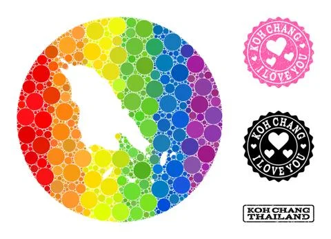 Spectrum Mosaic Stencil Round Map of Koh Chang and Love Watermark Stamp for LGBT Illustrazione stock