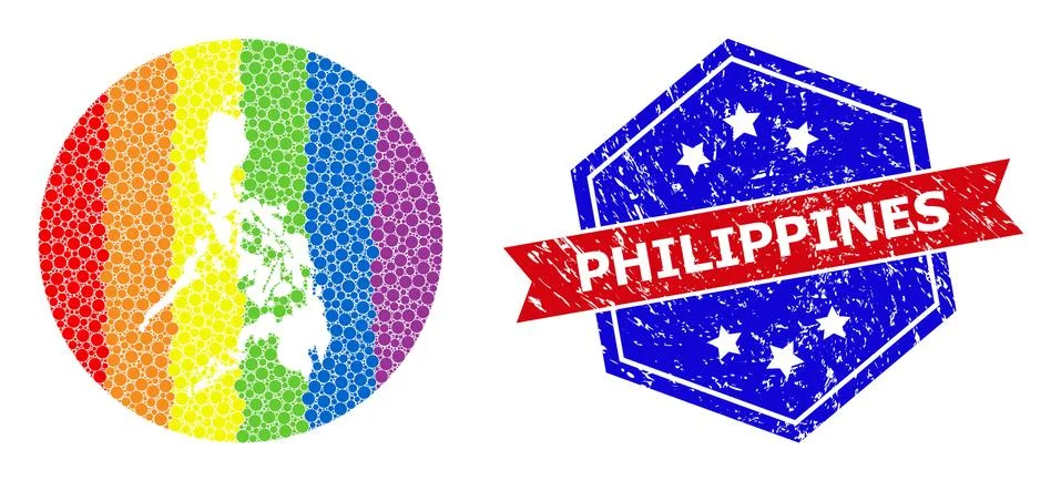 Spectrum Pixel Map of Philippines Collage with Empty Space for LGBTQ and Grunge Stock Illustration