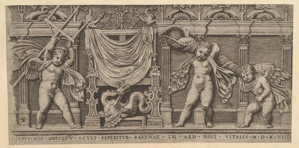 Speculum Romanae Magnificentiae: Bas-Relief with Three Cupids 1519 Marco De.. Stock Photos