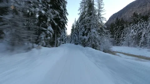 Sped up, hyper lapse of driving on snowy forest road in winter Stock Footage 168966031