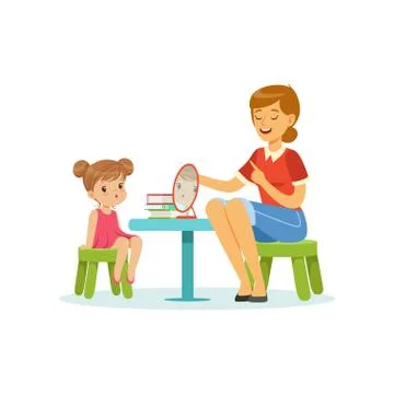 Speech and language specialist teaching little girl correct pronunciation of 스톡 일러스트
