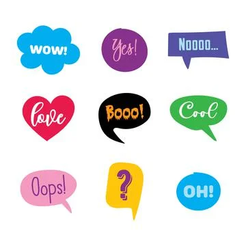 Speech balloon of different shapes. Phrases to express emotions. Stock Illustration