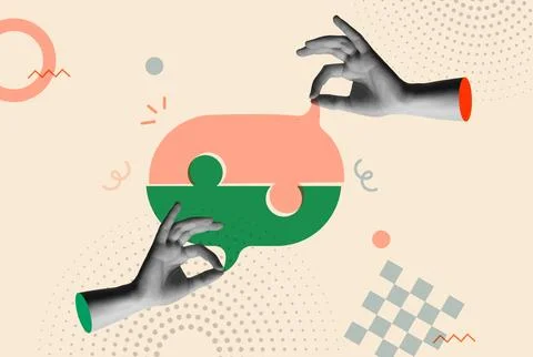 Speech balloon puzzle and human hand in retro collage vector illustration Stock Illustration
