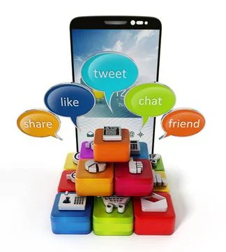 Speech balloons and application cubes next to smartphone. 3D illustration ... Stock Photos