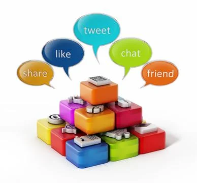 Speech balloons and application software cubes. 3D illustration Illustrazione stock
