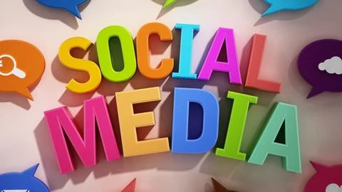 Speech balloons with technology icons around social media text. 3D illustrati Stock Illustration