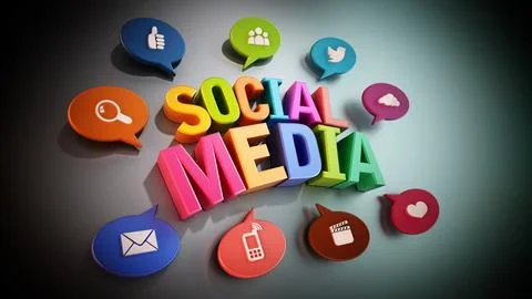 Speech balloons with technology icons around social media text. 3D illustrati Stock Illustration