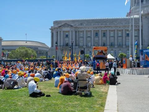 Speech being given outside of a 2020 Punjab referendum rally outside San Fran Stock Photos