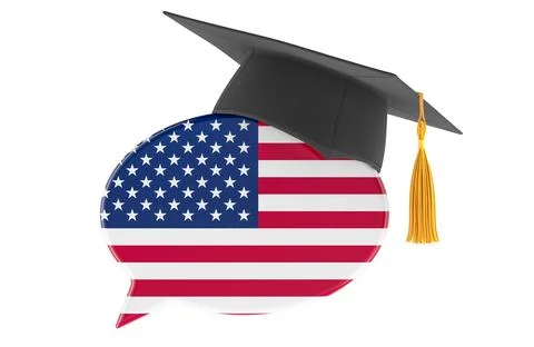 Speech bubble with American flag and academic graduation cap. 3D rendering Stock Illustration