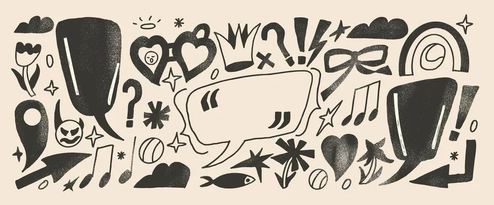 Speech bubble and crayon quotation frames made with rough pencil lines. Smudged Stock Illustration