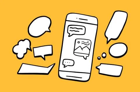 Speech bubble and phone. Hand drawn of Smart Phone . Vector illustration chat Stock Illustration