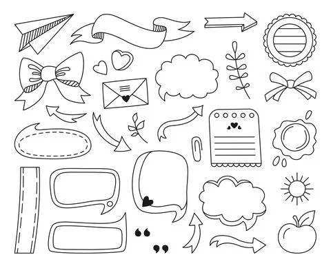 Speech bubble arrow doodle set frame text decor school study memo diary notebook Stock Illustration