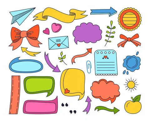 Speech bubble arrows doodle cartoon set comic drawn sketch design frame school Stock Illustration