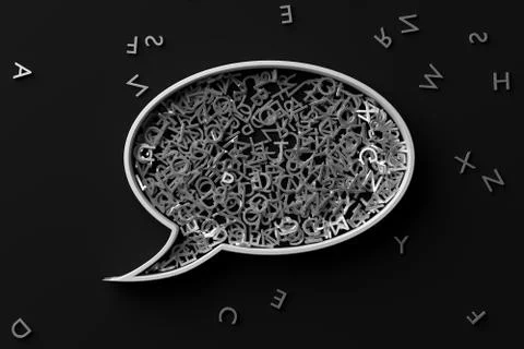 Speech bubble balloon shape filled with metal alphabetic character letters on Stock Illustration
