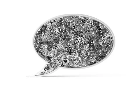 Speech bubble balloon shape filled with metal alphabetic character letters on Stock Illustration