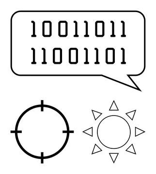Speech bubble with binary code above target and sun icons representing focus  Illustrazione stock