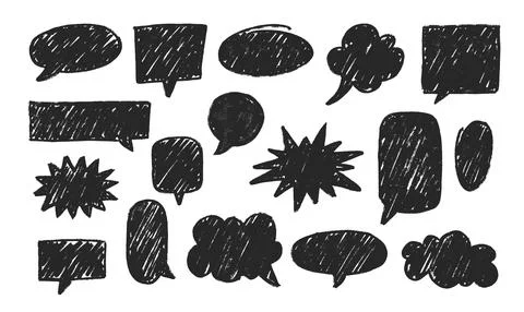 Speech bubble black chalk texture silhouette vector set, dialogue cloud shapes 스톡 일러스트