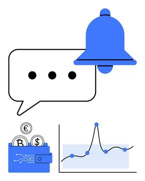 Speech bubble blue bell cryptocurrency wallet coins and graph symbolize commu Stock Illustration