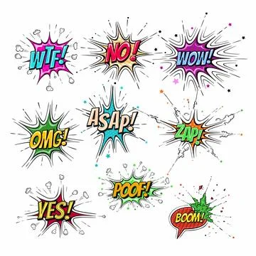Speech bubble, boom sign expression and pop art text frames Stock Illustration
