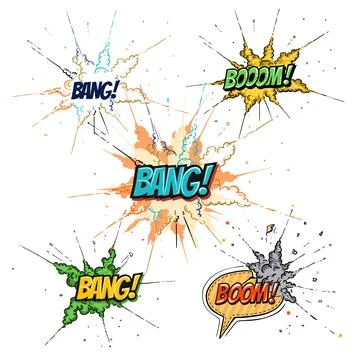 Speech bubble, boom sign expression and pop art text frames Stock Illustration