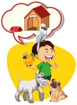 Speech bubble with boy and many pets 스톡 일러스트