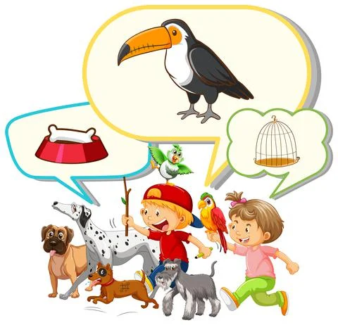 Speech bubble with boys andpets Stock Illustration