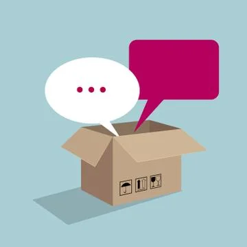Speech bubble in a cardboard box. Isolated on blue background. Stock Illustration
