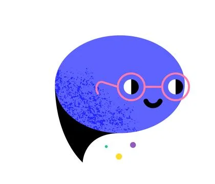 Speech bubble character in glasses. Blue cute cartoon vector icon with nois.. Stock Illustration