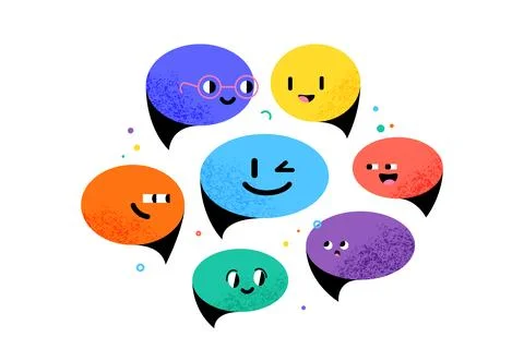 Speech bubble characters with cute happy faces and grain texture on white b.. Stock Illustration