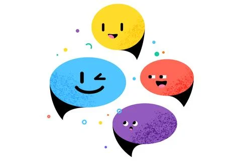 Speech bubble characters with cute happy faces and grain texture on white b.. Stock Illustration
