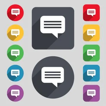 Speech bubble, Chat think icon sign. A set of 12 colored buttons and a long s Stock Illustration