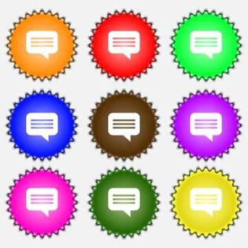 Speech bubble, Chat think icon sign. A set of nine different colored labels. Stock Illustration