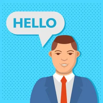Speech bubble. Chatbot concept. Businessman speaks hello. Illustrazione stock