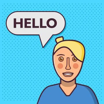 Speech bubble. Chatbot concept. Woman speaks hello. Stock Illustration