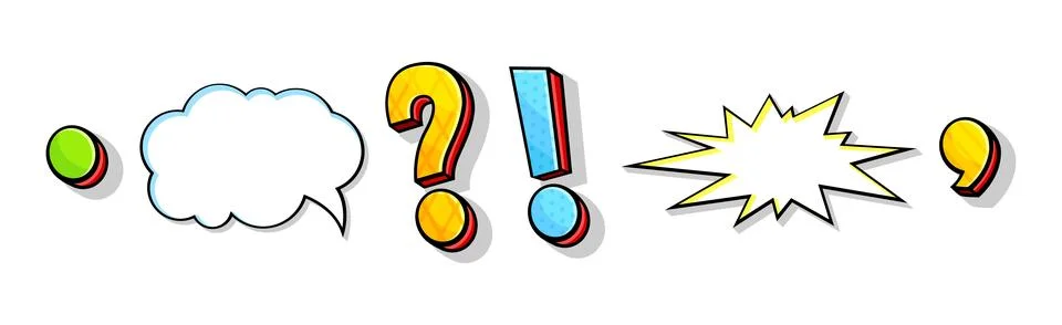 Speech Bubble, Comma, Dot, Interrogation and Exclamation Mark as Punctuation Stock Illustration